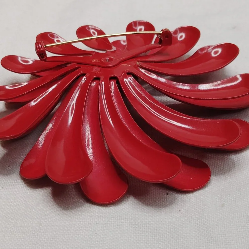 1960s Red Enamel Flower Brooch • Tiered Petals & Filigree Center • 3”